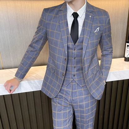 Terno Masculino (Paletó + Colete + Calça) – Moda Executiva Estilo Britânico Xadrez Tendência Casual para Eventos Corte Slim Casamento Trabalho Conjunto Masculino
