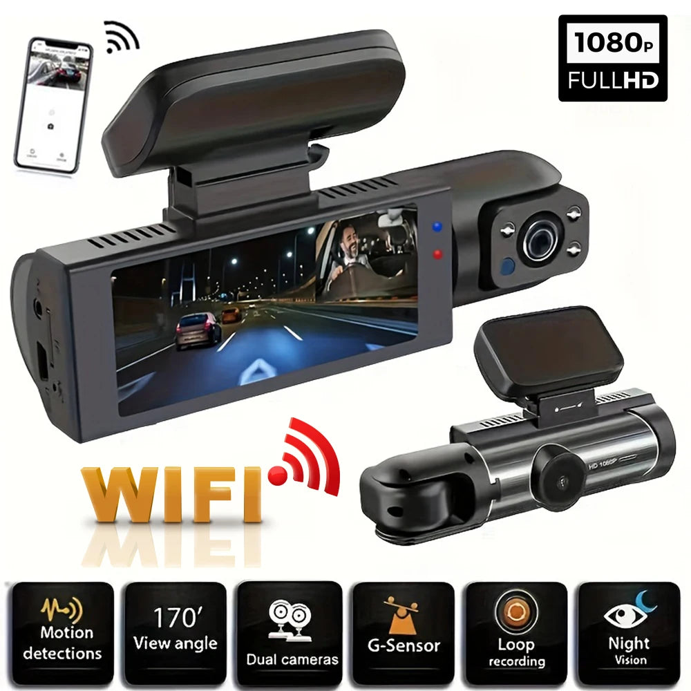 Câmera Veicular Profissional 1080P WiFi Dual Lens – Frente e Cabine com Visão Noturna IR, 170° Wide e Gravação Automática