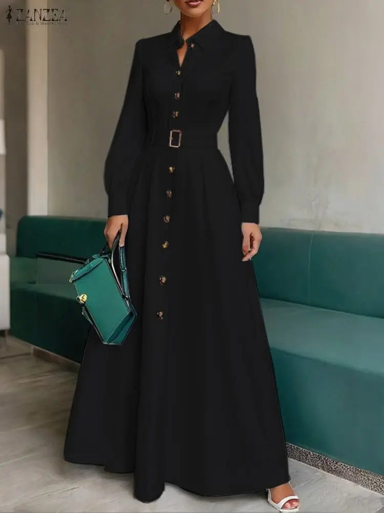 💎 Vestido Longo de Luxo Feminino – Silhueta A-Line com Cinto, Alfaiataria Elegante para a Mulher Executiva Moderna 💎