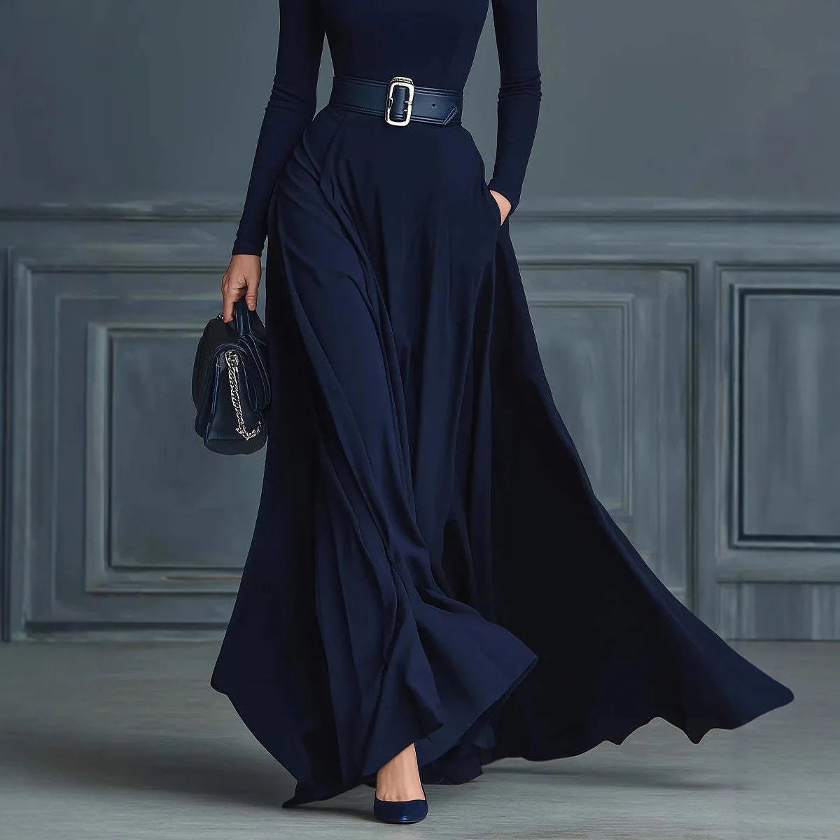 ✨ Vestido Longode de Luxo Feminino – Silhueta A-Line com Cintura Alta e Gola Alta Elegante ✨