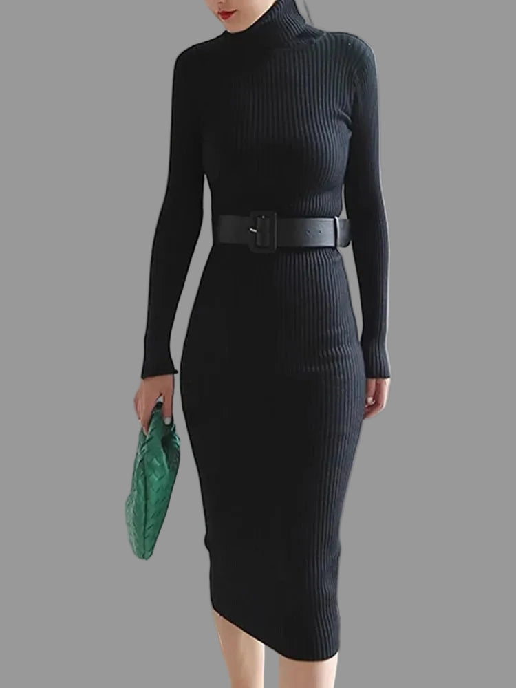 Vestido Midi Gola alta com cinto