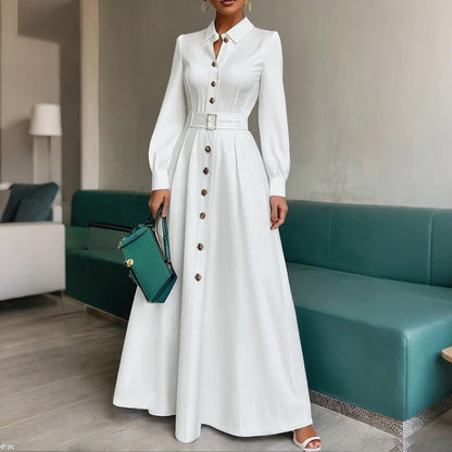 💎 Vestido Longo de Luxo Feminino – Silhueta A-Line com Cinto, Alfaiataria Elegante para a Mulher Executiva Moderna 💎